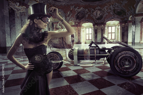 Fancy clothed woman with retro car