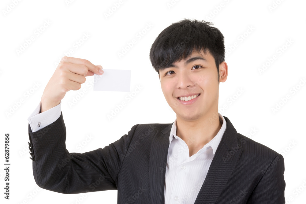 Asian businessman hold a blank business card Asian businessman hold a blank business card