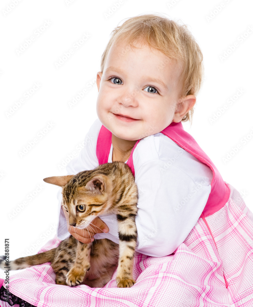 happy ittle girl hugging kitten. isolated on white background happy ittle girl hugging kitten. isolated on white background