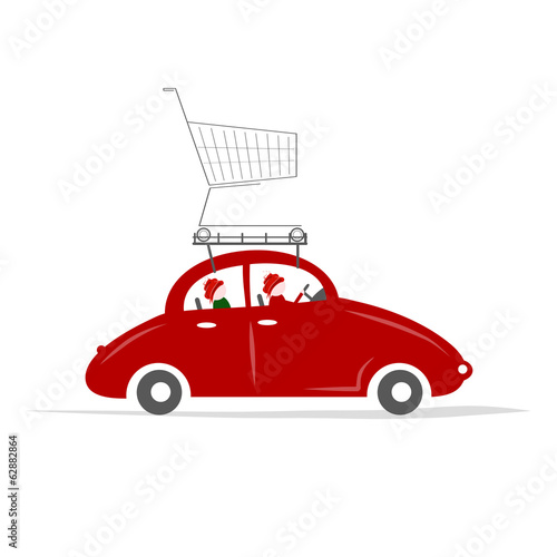 Family traveling by red car with trolley