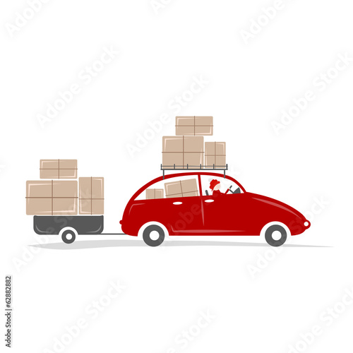 Man driving red car with boxes on the roof rack