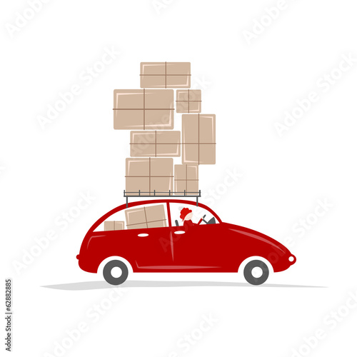 Man driving red car with boxes on the roof rack