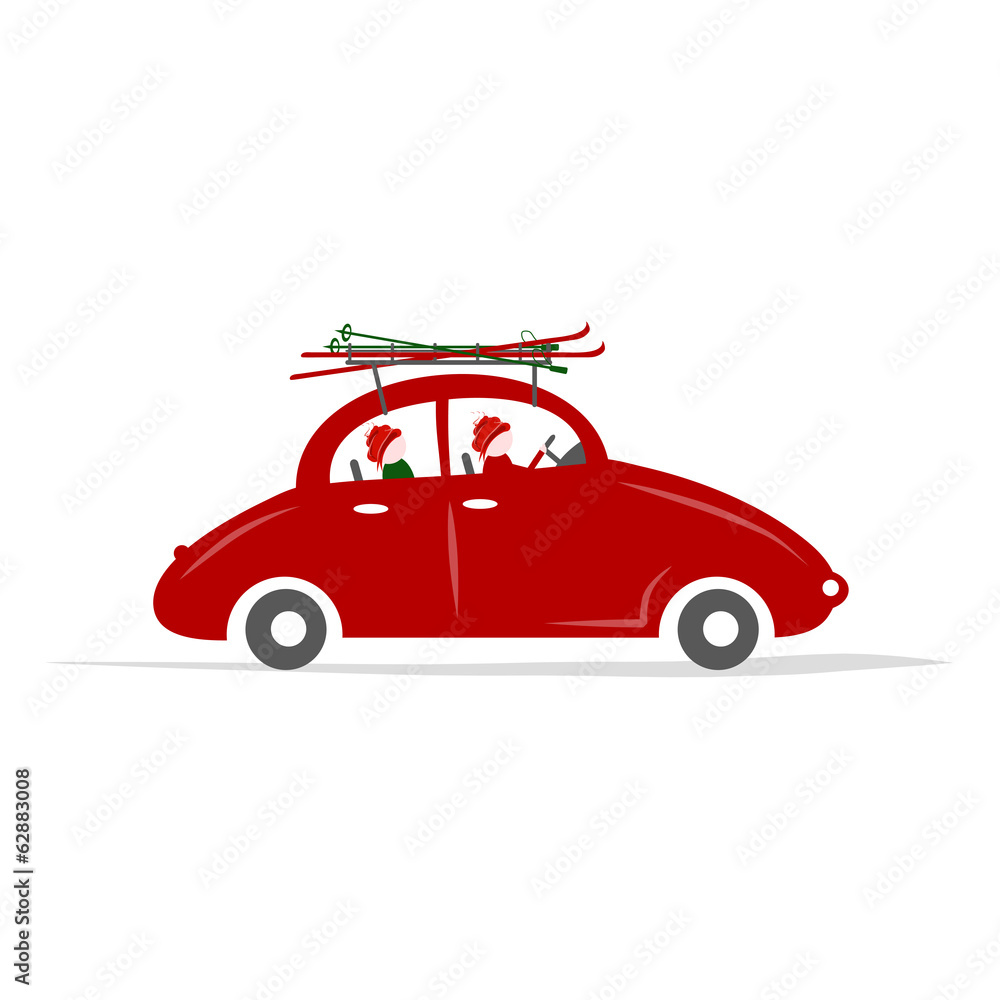 Family traveling by red car with skis