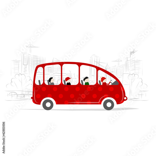 Red bus with people on the city street