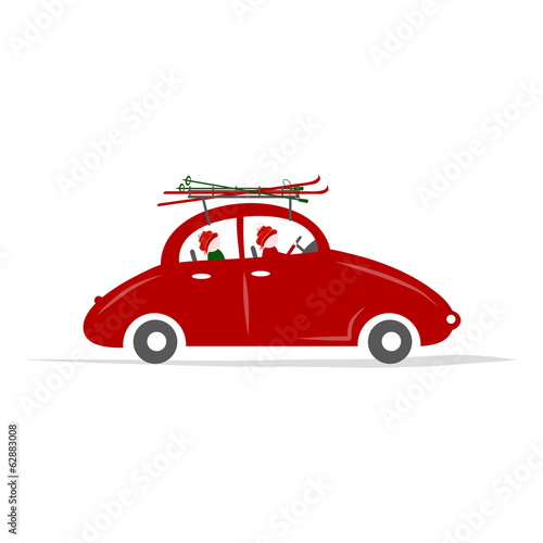 Family traveling by red car with skis