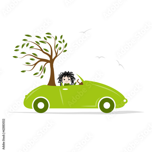 Woman carry tree by green car for your design