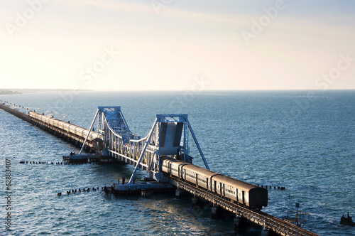 Train on a sea bridge in India