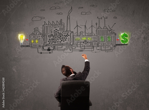 Business man looking at factory that makes money from ideas
