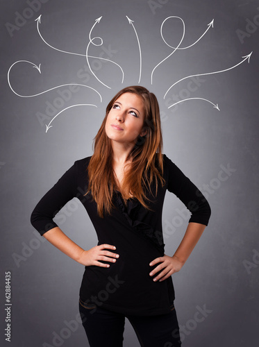 Young girl thinking with arrows overhead