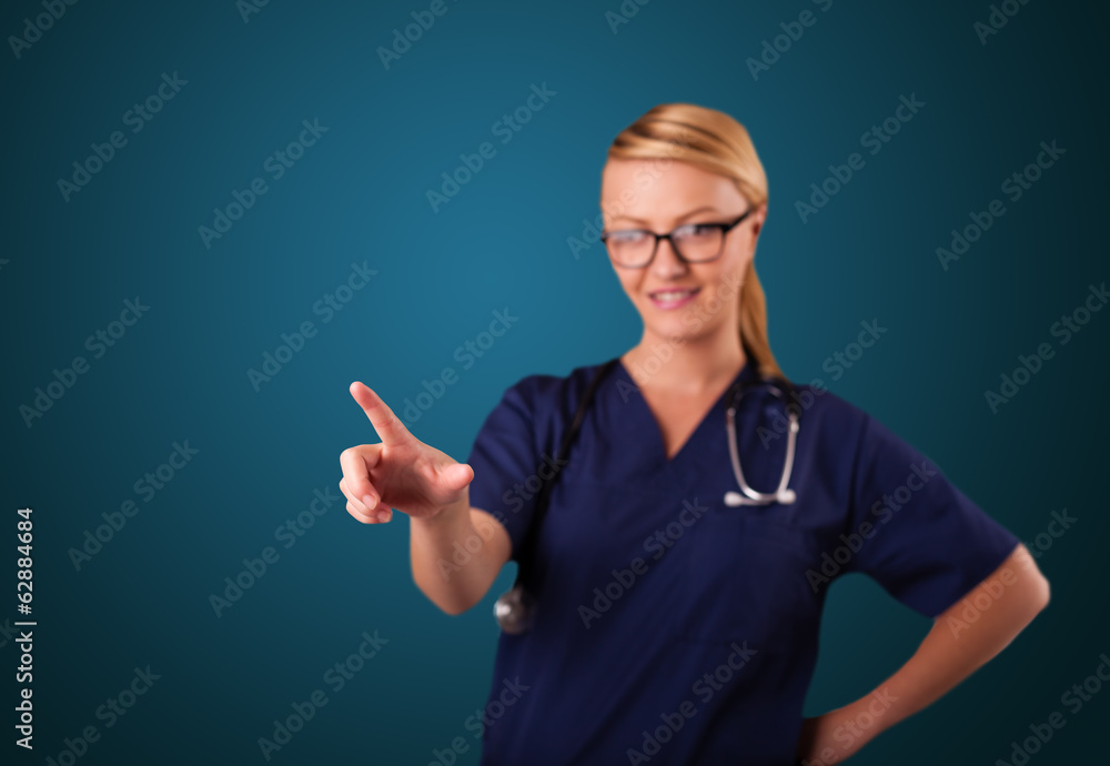 Young female doctor gesturing with copy space Young female doctor gesturing with copy space