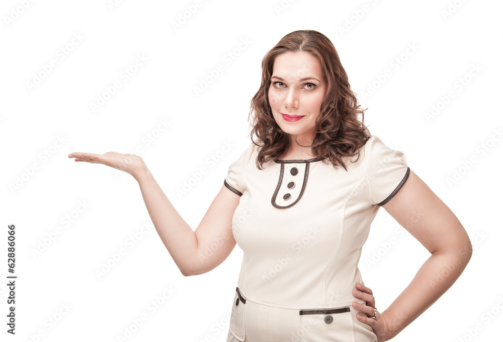 Beautiful plus size woman presenting on her empty palm Beautiful plus size woman presenting on her empty palm