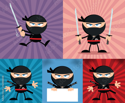 Angry Ninja Warrior Characters 4.Flat Design. Collection Set