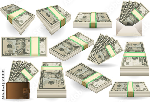 Set of Ten Dollars Banknotes Vector