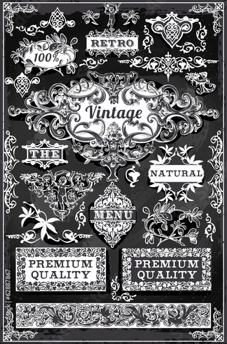 Vintage Hand Drawn Banners and Labels on Blackboard