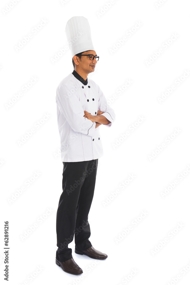 side view indian male chef isolated on white background