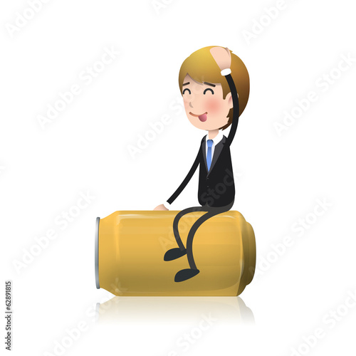 Man sit on yellow can over white background