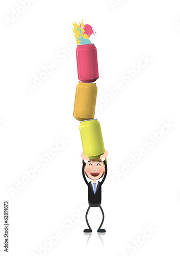 Businessman holding several cans over white background
