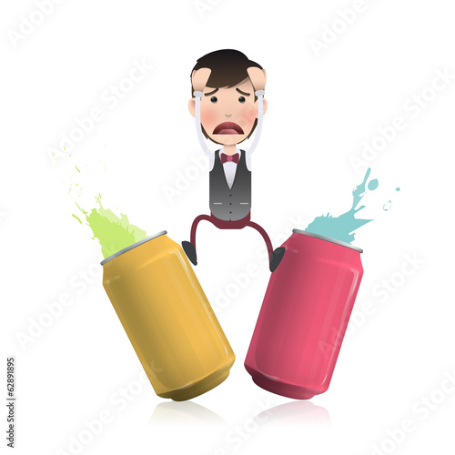 Worried businessman between two cans