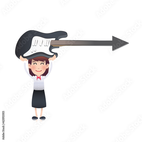 Businesswoman holding a guitar over white background