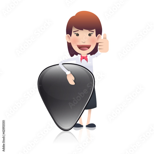 Businesswoman holding a plectrum over white background