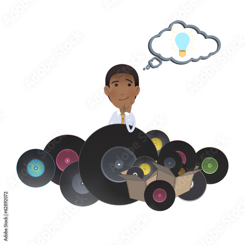 Businessman between several vinyls