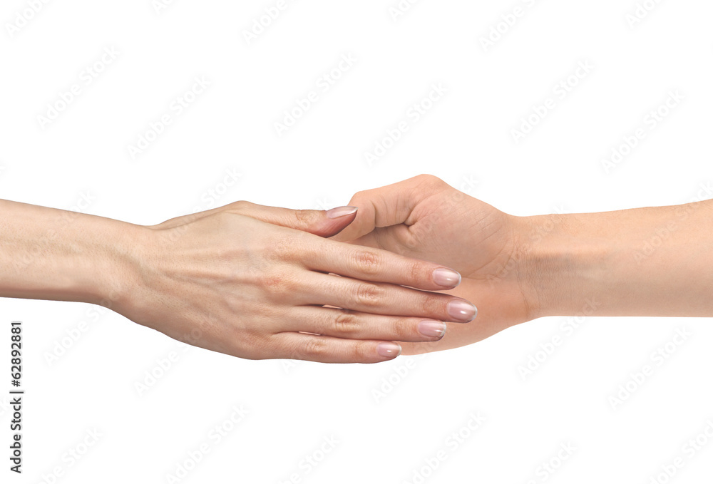 Women's hand goes to the man's hand isolated on white background