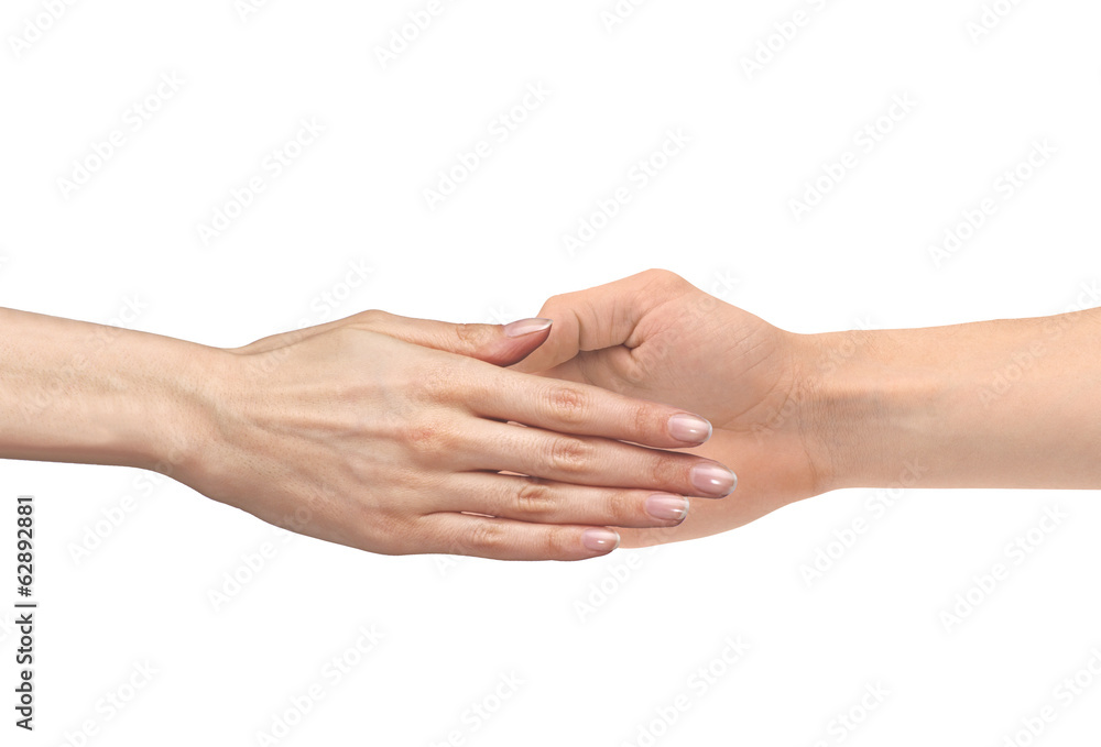 Women's hand goes to the man's hand isolated on white background Women's hand goes to the man's hand isolated on white background