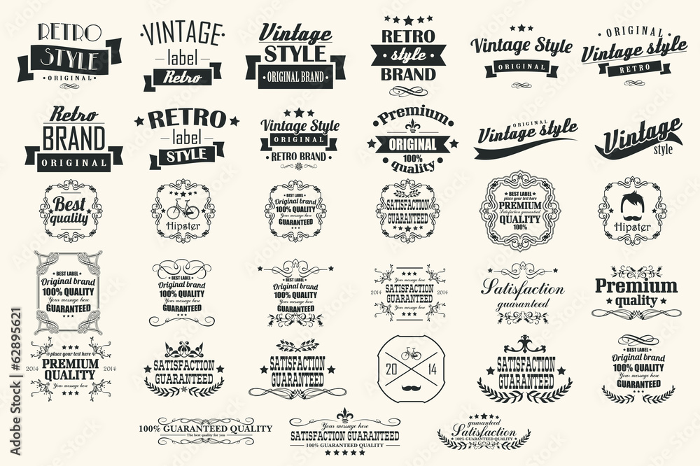 Collection of vintage retro labels, badges, stamps, ribbons