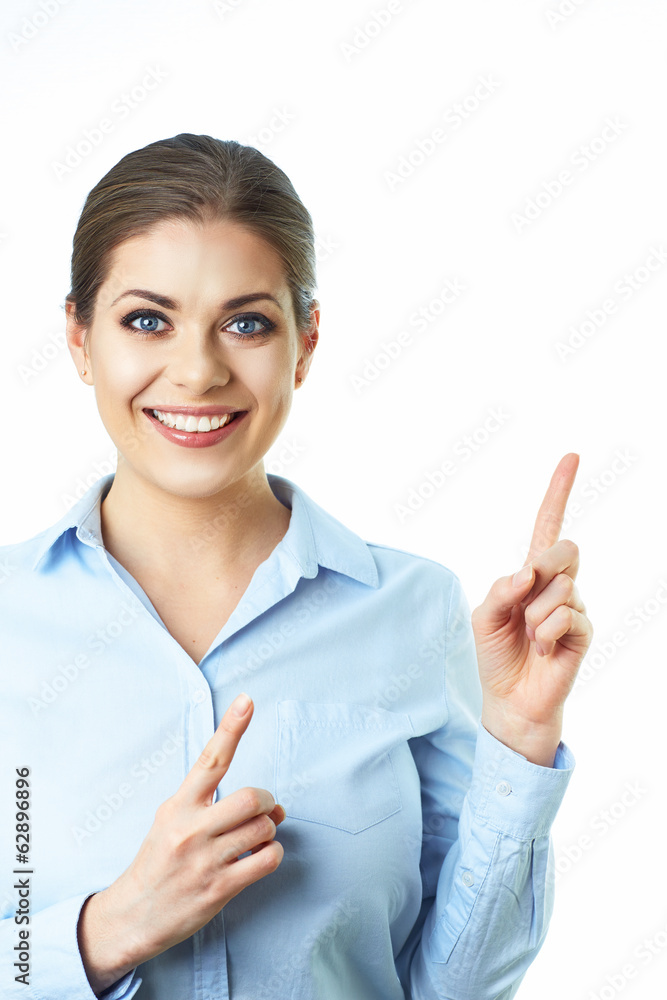 Business woman finger show. Presenting. Isolated white backgrou Business woman finger show. Presenting. Isolated white backgrou