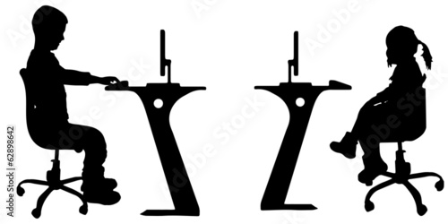 Vector silhouette of a children with a computer.