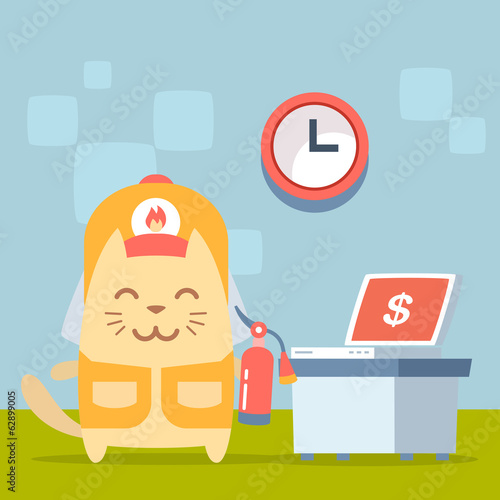 Character firefighter in coveralls and helmet colorful flat