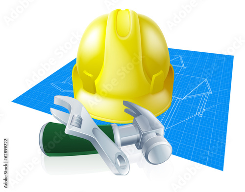 Hard hat tools and blueprint