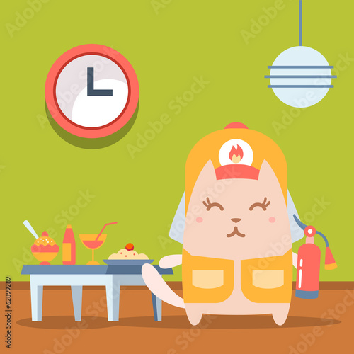 Character firefighter in coveralls and helmet colorful flat
