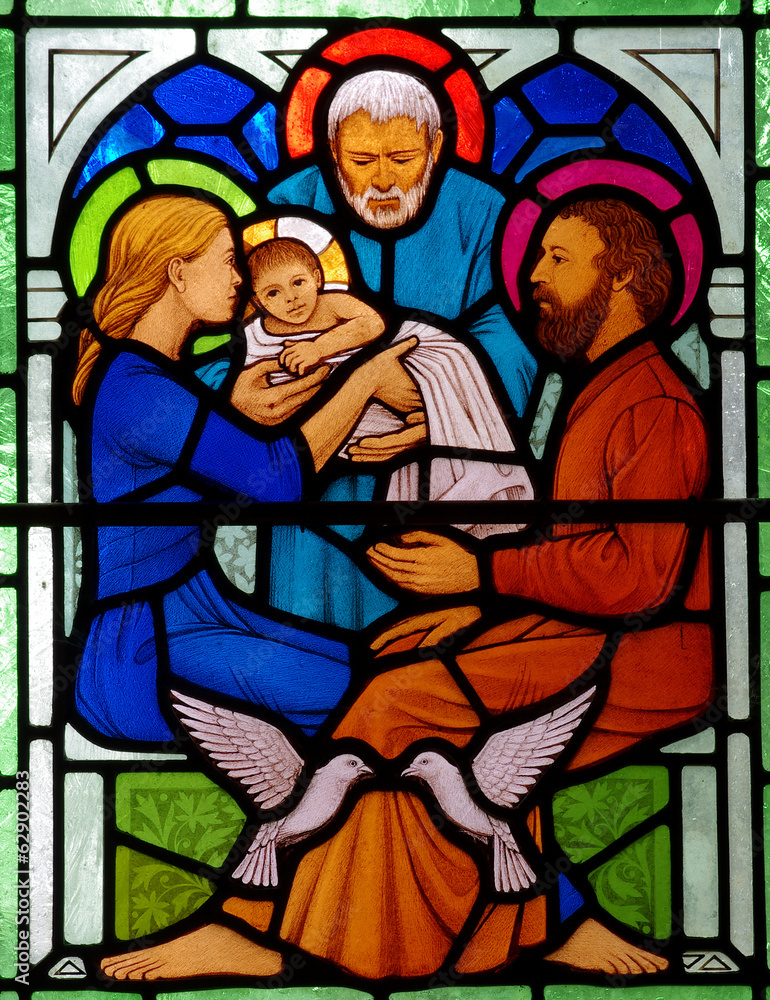 Child Jesus with Mary and Joseph in stained glass