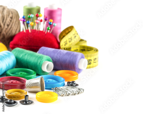 Tools for sewing: measurement, button, thimble, pins