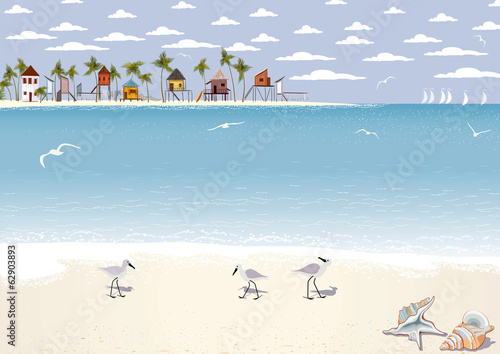 Seascape with beach bungalows on island