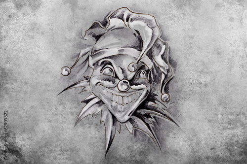 tattoo joker, illustration, handmade draw over vintage paper