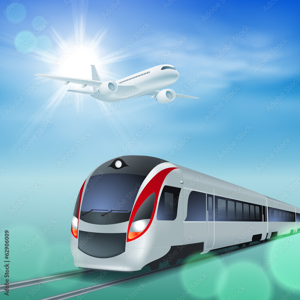 High-speed train and airplane in the sky. Sunny day. High-speed train and airplane in the sky. Sunny day.