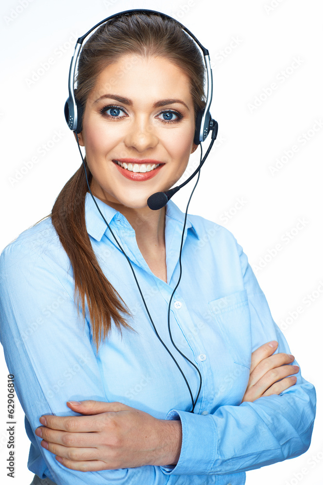 Call center smiling operator business portrait. White backgroun Call center smiling operator business portrait. White backgroun