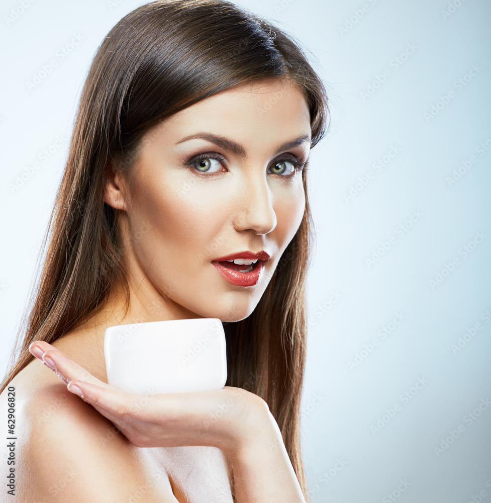 Woman with cream, lotion. Body care style portrait of young mod Woman with cream, lotion. Body care style portrait of young mod