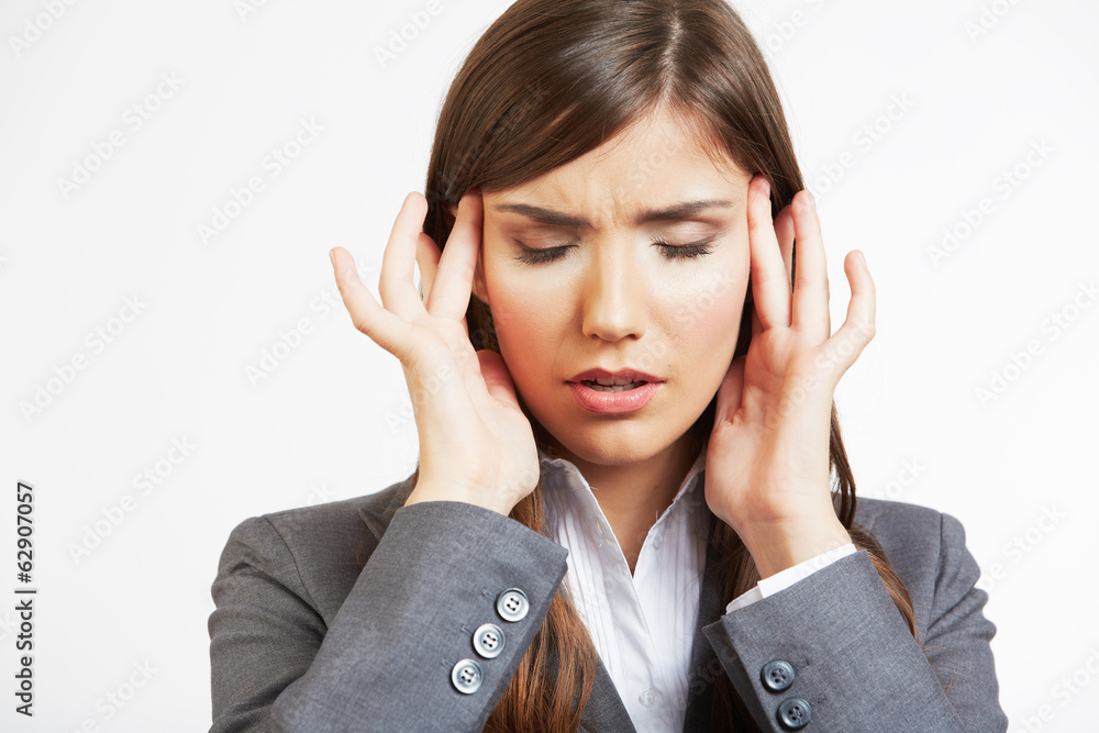 Business woman headache portrait isolated on white Business woman headache portrait isolated on white
