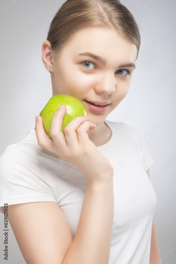 Caucasian Teenager Girl Holding Green Apple Caucasian Teenager Girl Holding Green Apple