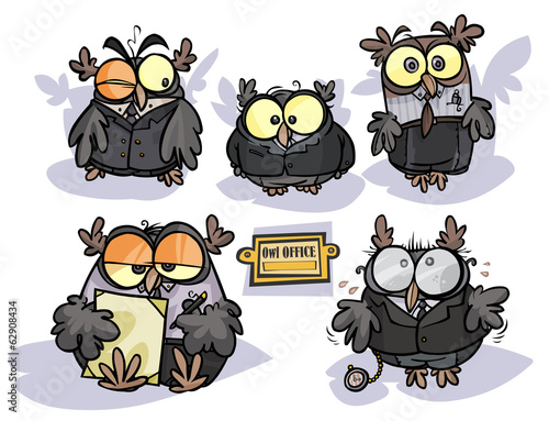 Cartoon group of Owls in Office appearance.