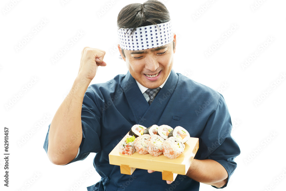ガッツポーズの寿司職人