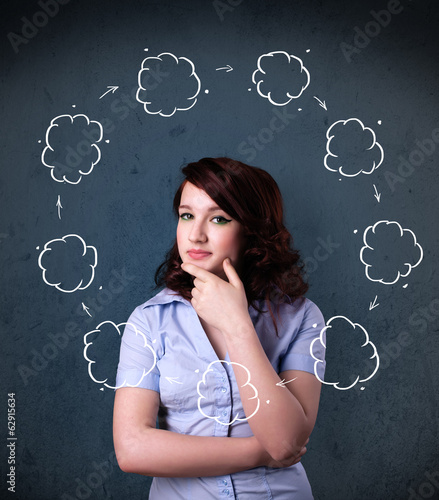 Young woman thinking with cloud circulation around her head