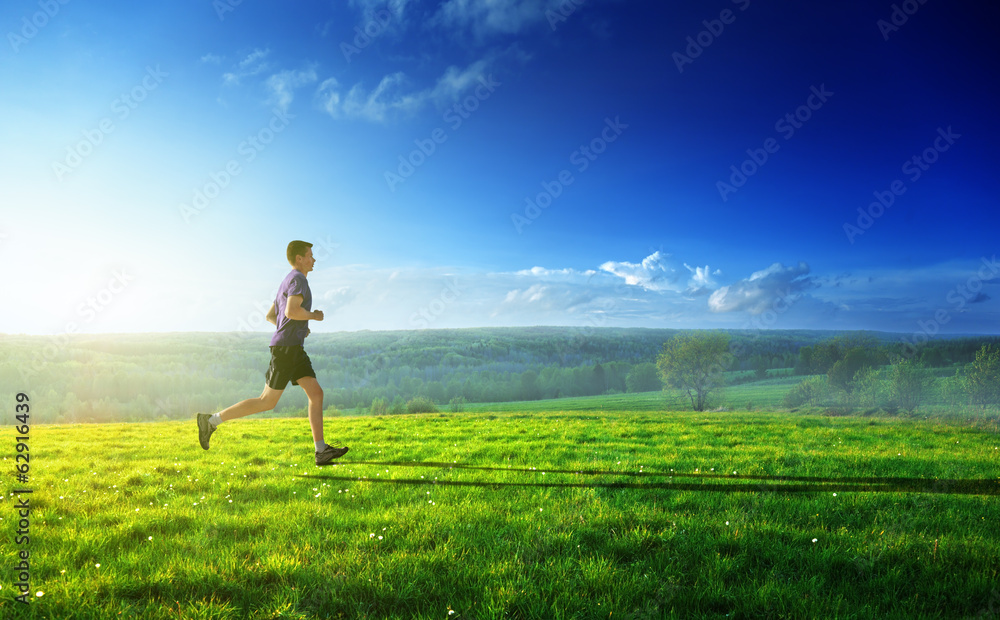 sunset and running young man