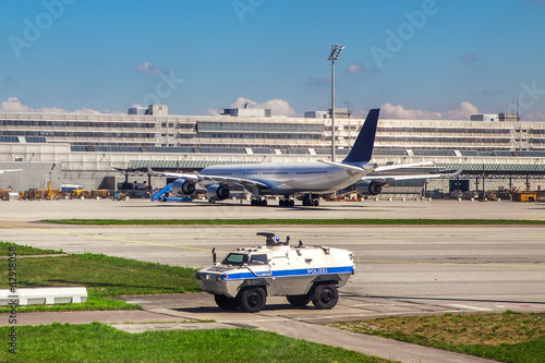 Police vehicle patrols airport in Munich. photo