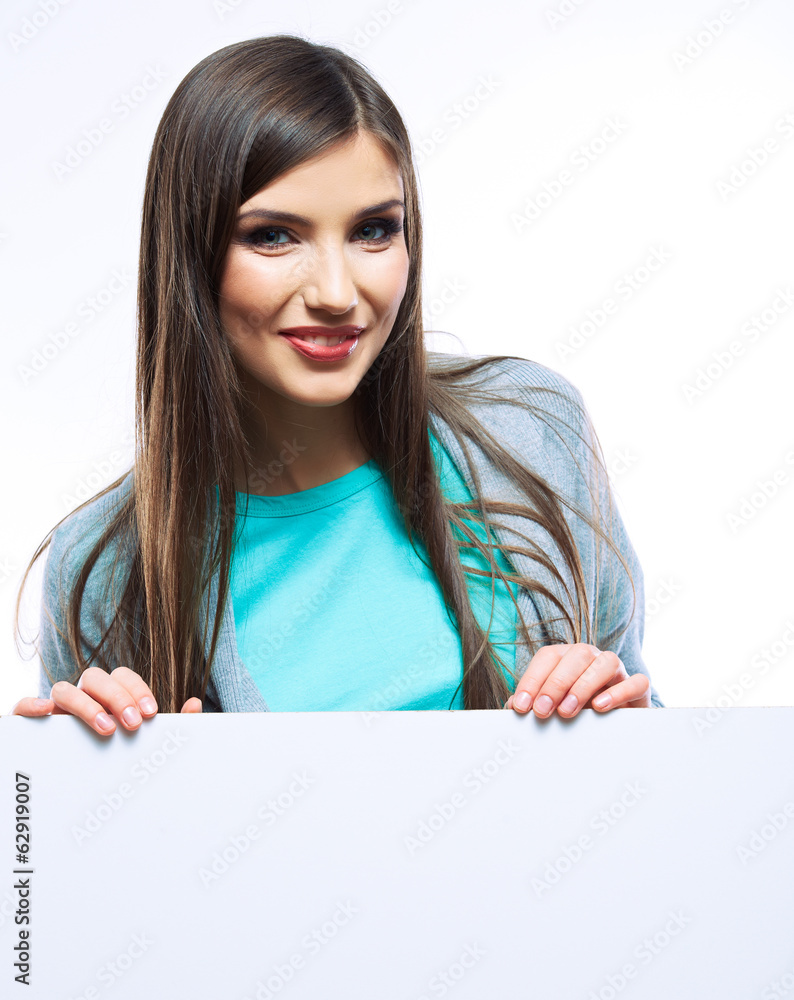 Young smiling woman show blank card. Young smiling woman show blank card.