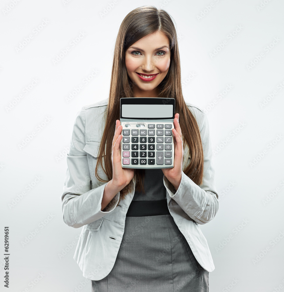 Woman accountant show calculator. Young business woman. Woman accountant show calculator. Young business woman.