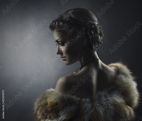 Woman beauty in luxury fox fur coat, beautiful retro girl